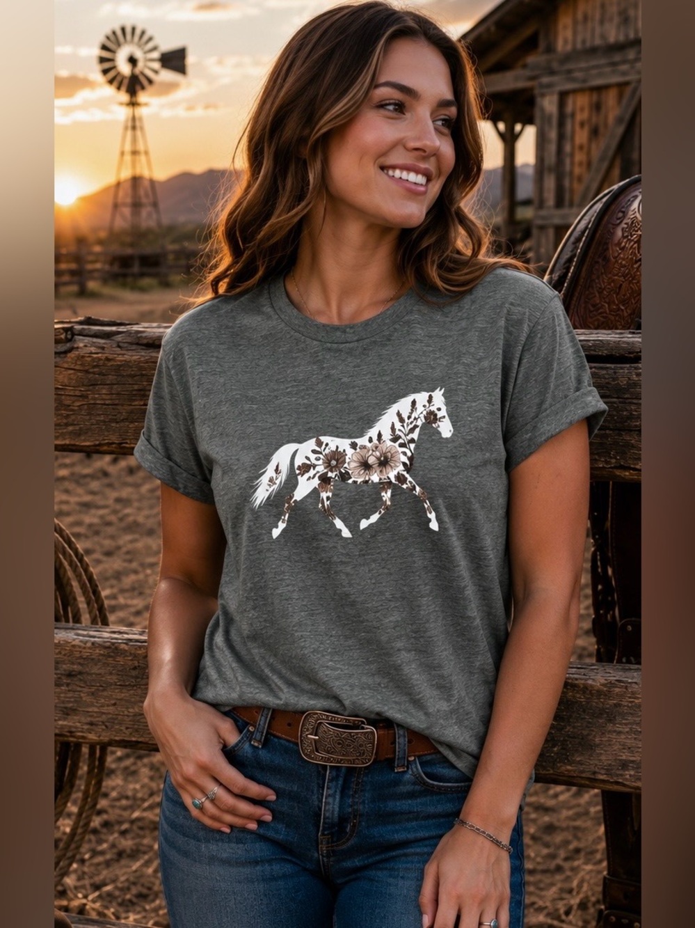 Western Equestrian Horse Lovers Ladies Gray Floral Horse Tee Shirt New
